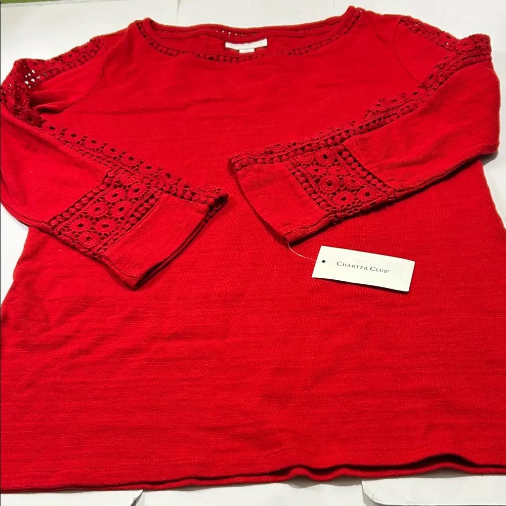 Charter Club Women's Red Crochet Sleeve Top